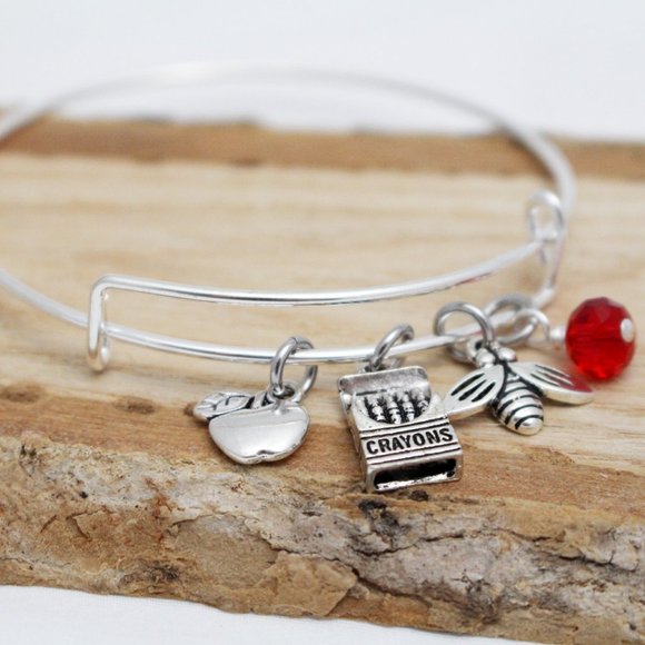 Apple, Box of Crayons & Bee - Teachers Gift Bangle - Handcrafted Hypoall… - Picture 3 of 4